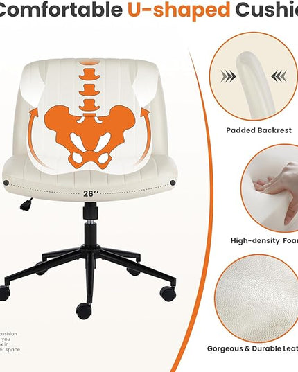 Sweetcrispy Criss Cross Office Chair with Wheels, Wide Armless Home Office Desk Chair with Dual-Purpose Base, Swivel Adjustable Leather Task Vanity Computer Chair, Cream - LeafyLoom