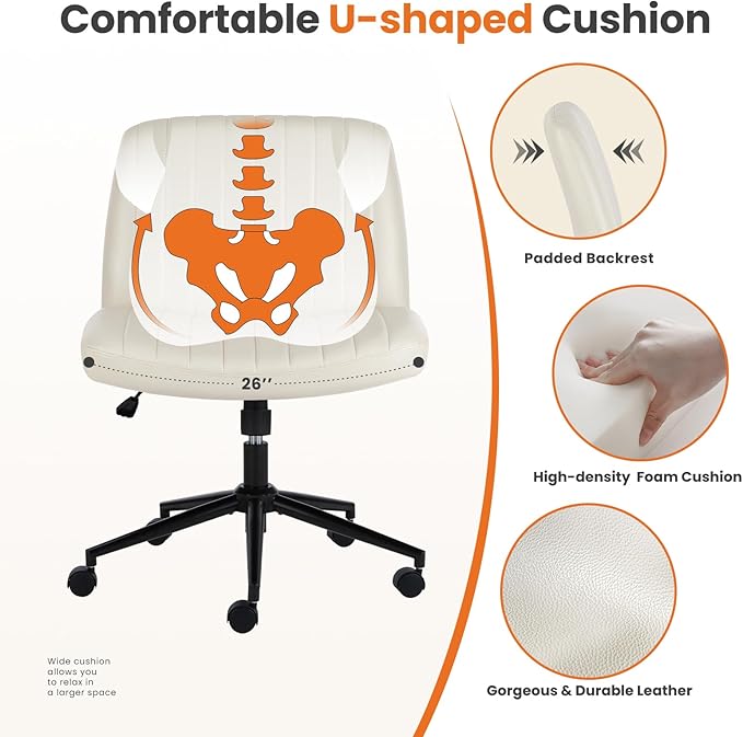 Sweetcrispy Criss Cross Office Chair with Wheels, Wide Armless Home Office Desk Chair with Dual-Purpose Base, Swivel Adjustable Leather Task Vanity Computer Chair, Cream - LeafyLoom