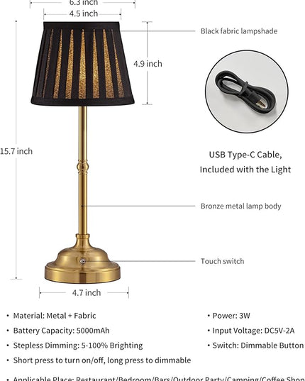 KDG Cordless LED Table Lamp Set of 2, Portables Fabric Shade Desk Lamps, 5000mAh Rechargeable Battery Powered Lighting, Dimmable Light for Dining Room, Bedroom, Bedside,Night Light, Balcony (Black) - LeafyLoom