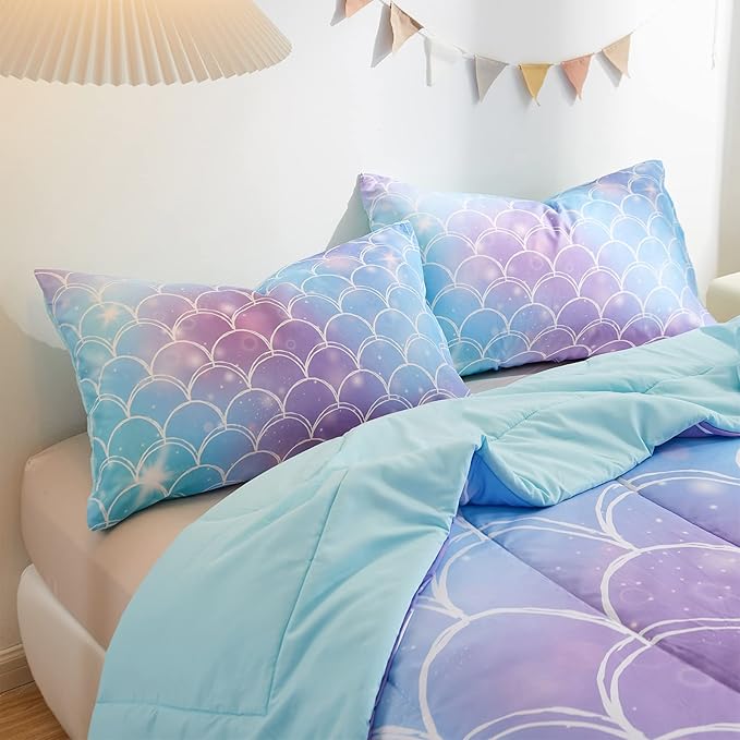 beeweed 3 Piece Kid Comforter Set Queen Size, Colorful Scale Bedding Set for Teen Boys Girls - LeafyLoom