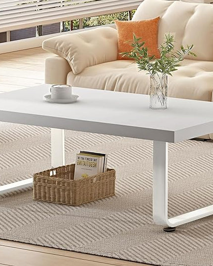 HSH White Coffee Table, Modern Simple Rectangle Living Room Table, Industrial Wood and Metal Legs Center Table for Bedroom, Farmhouse Minimalist Wooden Cocktail Tea Coffee Table, White Oak, 47 Inch - LeafyLoom
