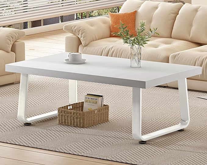 HSH White Coffee Table, Modern Simple Rectangle Living Room Table, Industrial Wood and Metal Legs Center Table for Bedroom, Farmhouse Minimalist Wooden Cocktail Tea Coffee Table, White Oak, 47 Inch - LeafyLoom