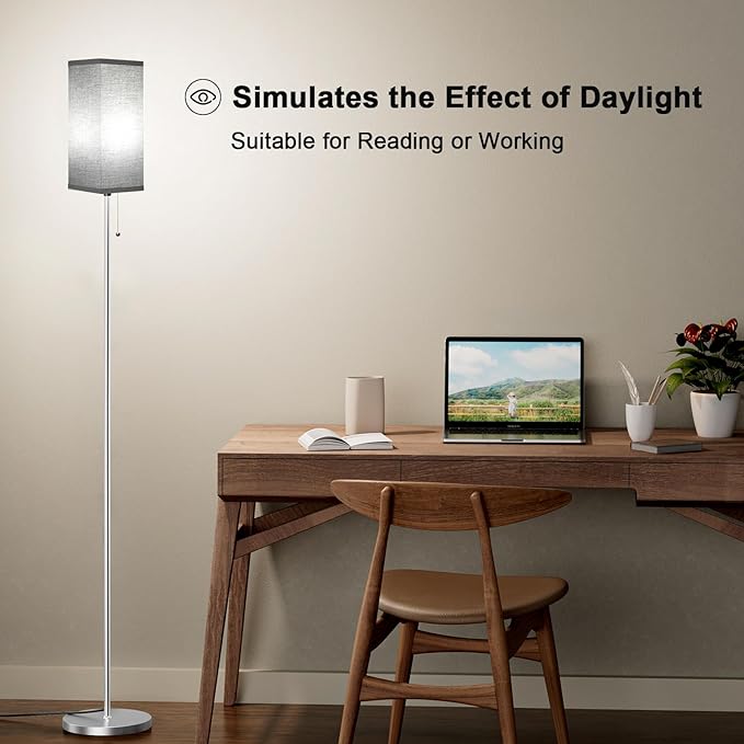 Floor Lamps for Living Room Bedroom - 3 Color Temperature Silver Standing Lamps with Pull Chain Switch, Modern Tall Lamp for Office Home Nursery, Pole Lamp with Black Lampshade for Reading - LeafyLoom