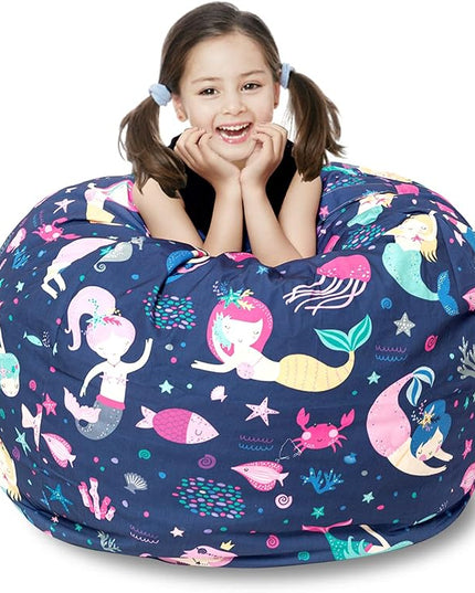Stuffed Animal Storage Bean Bag Chair Cover, Hold Kids Plush Toys Blankets Towels Beanbag (Cover Only), Canvas Floor Circle Stuff Sit Seat Sofa with YKK Zipper, Extra Large 38", Mermaid - LeafyLoom