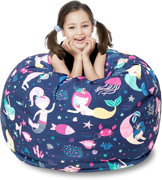 Stuffed Animal Storage Bean Bag Chair Cover, Hold Kids Plush Toys Blankets Towels Beanbag (Cover Only), Canvas Floor Circle Stuff Sit Seat Sofa with YKK Zipper, Extra Large 38", Mermaid - LeafyLoom