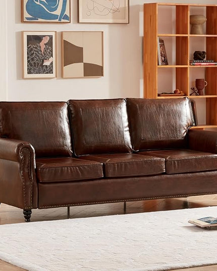 Dreamsir 79'' Traditional Faux Leather Sofa Couch with Nailhead Trim, Classic 3-Seater Sofa with Rolled Arms for Living Room, Bedroom, Apartment, Easy to Install (Retro Brown) - LeafyLoom