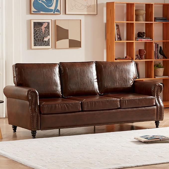 Dreamsir 79'' Traditional Faux Leather Sofa Couch with Nailhead Trim, Classic 3-Seater Sofa with Rolled Arms for Living Room, Bedroom, Apartment, Easy to Install (Retro Brown) - LeafyLoom