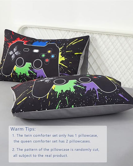 KAKKI 5 Piece Boys Queen Gamer Comforter Set with Sheets, 3D Colorful Video Game Controller Comforter for Kids Teen, All Season Soft Microfiber Gaming Bedding Set(Black,Queen) - LeafyLoom