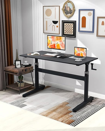 Manual Standing Desk Adjustable Height- Crank Mobile Standing Desk 55 x 24 Inches Sit Stand Desk Frame & Top, Stand Up Desk on Wheels, Computer Desk Black Frame & Black - LeafyLoom