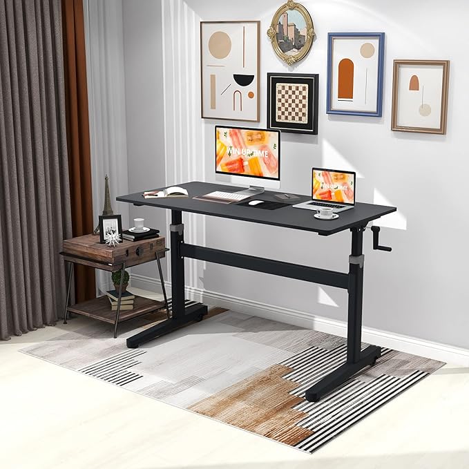 Manual Standing Desk Adjustable Height- Crank Mobile Standing Desk 55 x 24 Inches Sit Stand Desk Frame & Top, Stand Up Desk on Wheels, Computer Desk Black Frame & Black - LeafyLoom