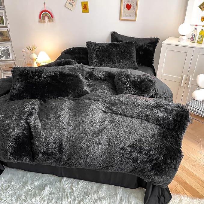 Faux Fur Kids Girls Black Comforter Sets Queen - 3PC Bed Set Warm Comfortable Soft Plush Flannel Velvet Fluffy Fuzzy Bedding（Comforter x 1 Pillowcases x 2） - LeafyLoom