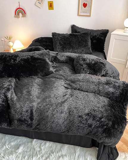 Faux Fur Kids Girls Black Comforter Sets King - 3PC Bed Set Warm Comfortable Soft Plush Flannel Velvet Fluffy Fuzzy Bedding（Comforter x 1 Pillowcases x 2） - LeafyLoom