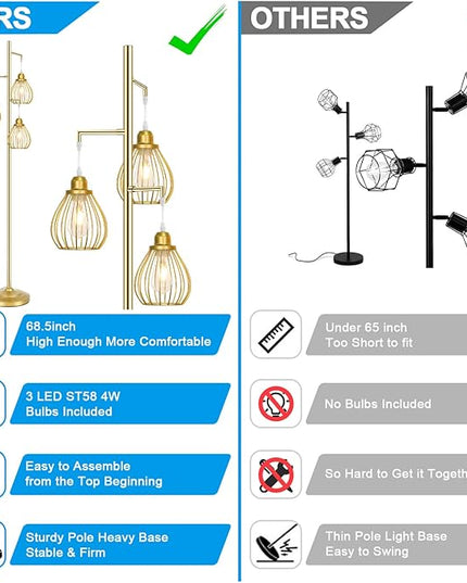 Lakumu Industrial Floor Lamp for Living Room, Golden Farmhouse Floor Lamp with 3 Elegant Teardrop Cage Heads & ST58 Edison LED Bulbs, Sturdy Base Tall Vintage Pole Light, Rustic Floor Lamp for Bedroom - LeafyLoom