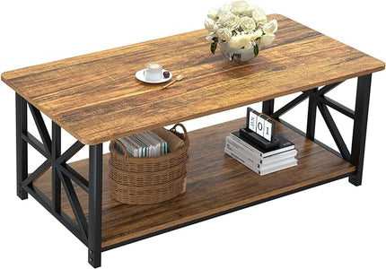 GreenForest Coffee Table with Round Corner, Farmhouse Center Table with 2-Tier Storage Shelf X-Frame Design for Living Room, 39 inch Walnut - LeafyLoom