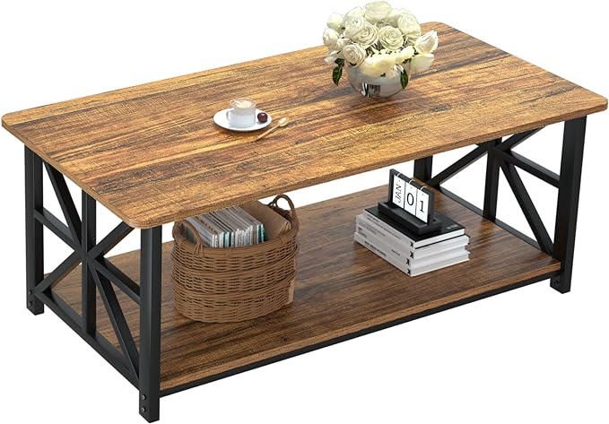 GreenForest Coffee Table with Round Corner, Farmhouse Center Table with 2-Tier Storage Shelf X-Frame Design for Living Room, 39 inch Walnut - LeafyLoom