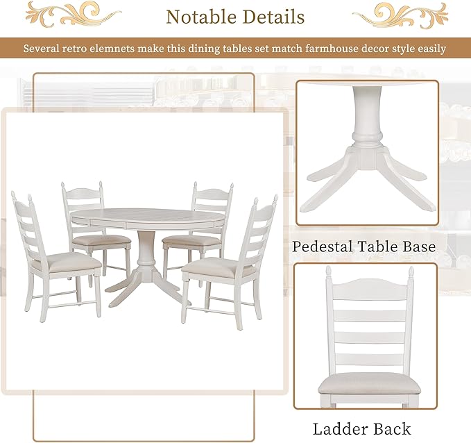 5-Piece Vintage Round Wood Extendable Dining, Kitchen Table Set with 4 Cushioned Chairs, Charming Antique White, Onesize - LeafyLoom