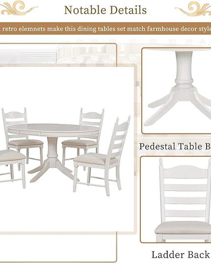 NicBex Round Dining Table Kitchen & Dining Room Tables 5-Piece Retro Functional Dining Table Set Wood Round Extendable Dining Table and 4 Upholstered Dining Chairs, Antique White - LeafyLoom