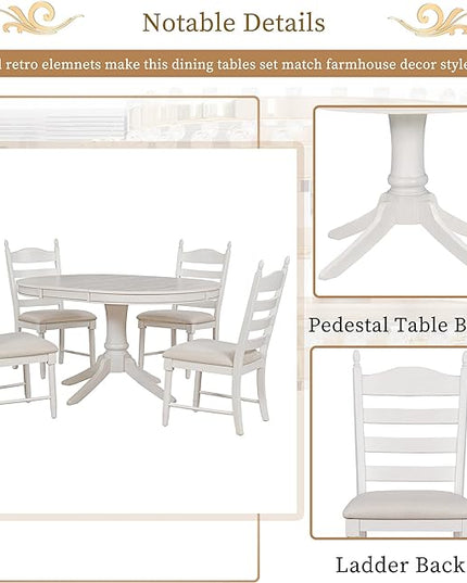 Wood Retro Functional Round Extendable 4 Upholstered Chairs, Easy Assembly and Clean, for Kitchen, Room, Antique White, 5 Piece Dining Table Set - LeafyLoom