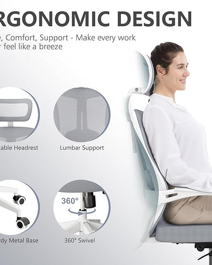 Office Chair 350LBS Capacity,Ergonomic Comfy Home Desk Chair,High Back Gaming Chair with Wheels,Mesh Computer Chair,Lumbar Support, Adjustable Headrest,Flip-up Armrest - LeafyLoom