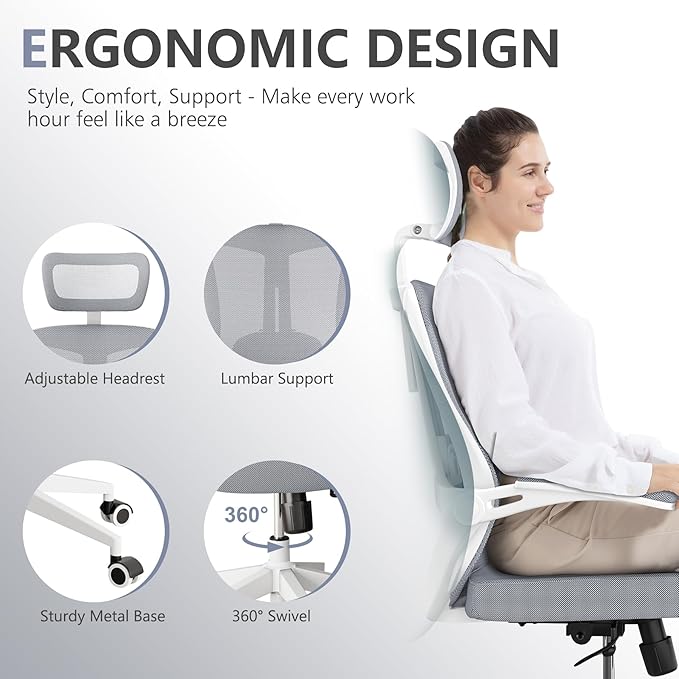 Office Chair 350LBS Capacity,Ergonomic Comfy Home Desk Chair,High Back Gaming Chair with Wheels,Mesh Computer Chair,Lumbar Support, Adjustable Headrest,Flip-up Armrest - LeafyLoom