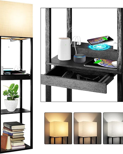 RUNTOP Plus Charging Station Floor Lamp with Wireless Charger, 2 USB-C Port, 2 Power Outlet, Floor Lamp with Shelves, 15W LED Bulb, 3 Colors, Memory Function, Standing Lamp for Living Room Bedroom - LeafyLoom