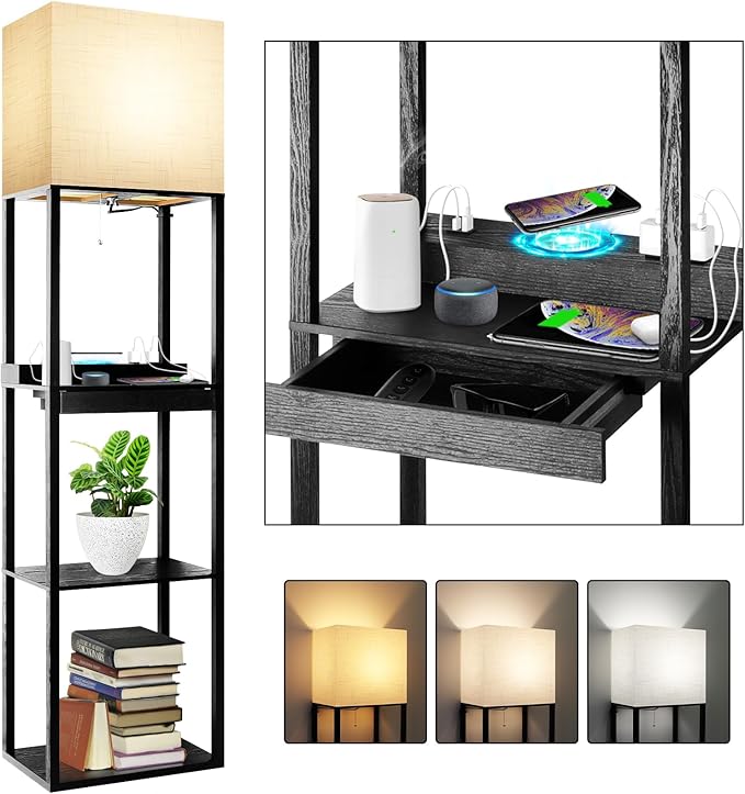 RUNTOP Plus Charging Station Floor Lamp with Wireless Charger, 2 USB-C Port, 2 Power Outlet, Floor Lamp with Shelves, 15W LED Bulb, 3 Colors, Memory Function, Standing Lamp for Living Room Bedroom - LeafyLoom