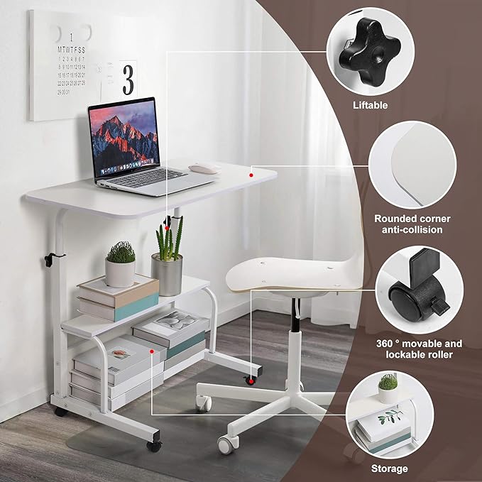 Bedroom Bedside Storage Rack Table Small Spaces Home Office Desk Height Adjustable Home Office Desk Table with Wheels Minimalist Portable Laptop Gaming Desk Size 15.7 * 31.5 Inch White A - LeafyLoom
