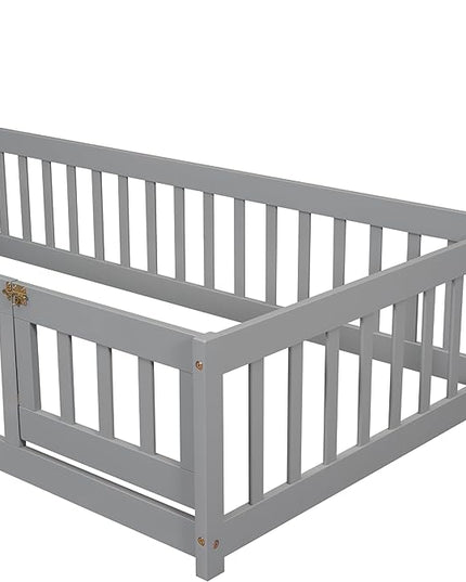 Twin Size Kids Montessori Floor Bed,House-Shaped Headboard Floor Bed for Kids,Floor Bed with Fence and Door,House Bed Twin Frame for Girls,Boys(Twin,Grey) - LeafyLoom