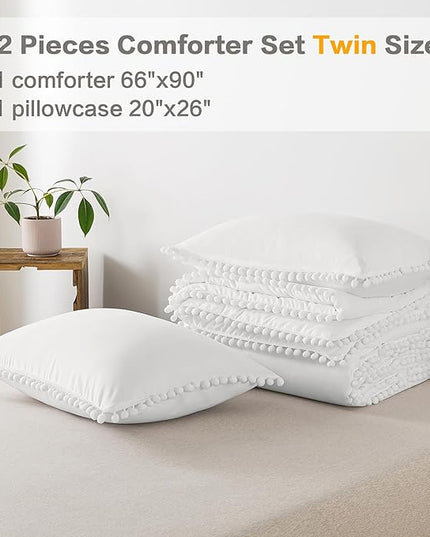 Litanika Comforter Twin Size Set White, 2 Pieces White Boho Pom Pom Lightweight Bed Comforter, All Season Soft Solid Color Bedding Comforter Sets (1 Comforter 66x90 Inch, 1 Pillowcase) - LeafyLoom