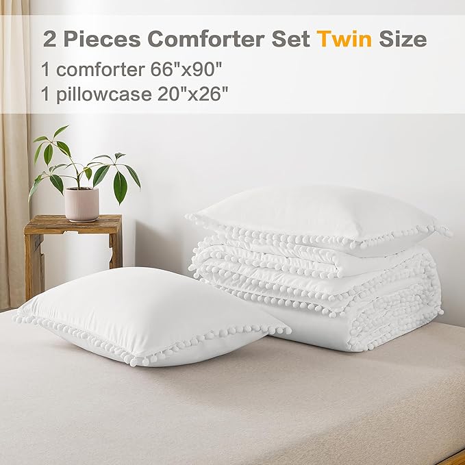 Litanika Comforter Twin Size Set White, 2 Pieces White Boho Pom Pom Lightweight Bed Comforter, All Season Soft Solid Color Bedding Comforter Sets (1 Comforter 66x90 Inch, 1 Pillowcase) - LeafyLoom