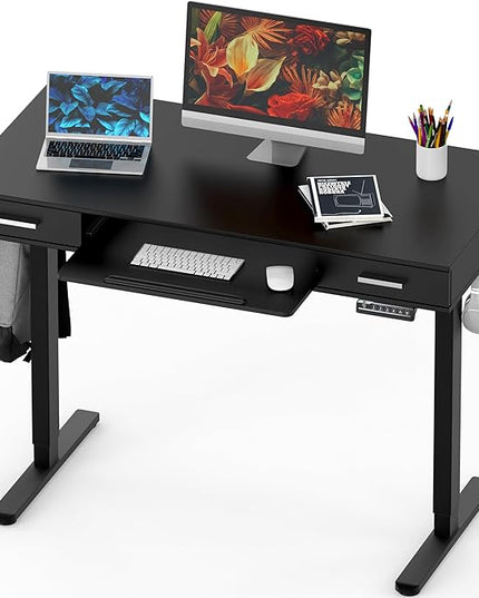 SHW 48-Inch Electric Height Adjustable Desk with Keyboard Tray and Two Drawers, Black - LeafyLoom