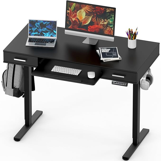SHW 48-Inch Electric Height Adjustable Desk with Keyboard Tray and Two Drawers, Black - LeafyLoom