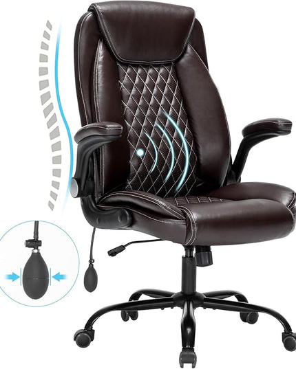 Office Chair Desk Chair High Back Computer Chair - Adjustable Lumbar Support with Flip-Up Arms PU Leather Chair with Spring Cushion - LeafyLoom