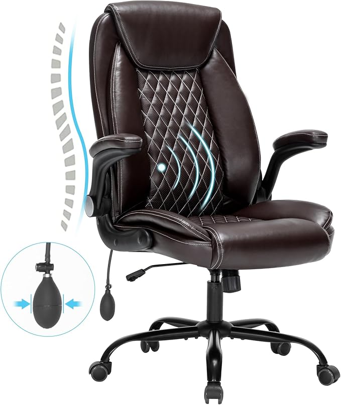 Office Chair Desk Chair High Back Computer Chair - Adjustable Lumbar Support with Flip-Up Arms PU Leather Chair with Spring Cushion - LeafyLoom