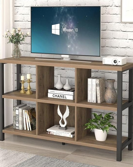 FOLUBAN 6 Cube Storage Organizer with Shelf, Industrial Horizontal Bookshelf, Low Cubby Bookcase for Living Room Bedroom, 47 Inch Oak - LeafyLoom