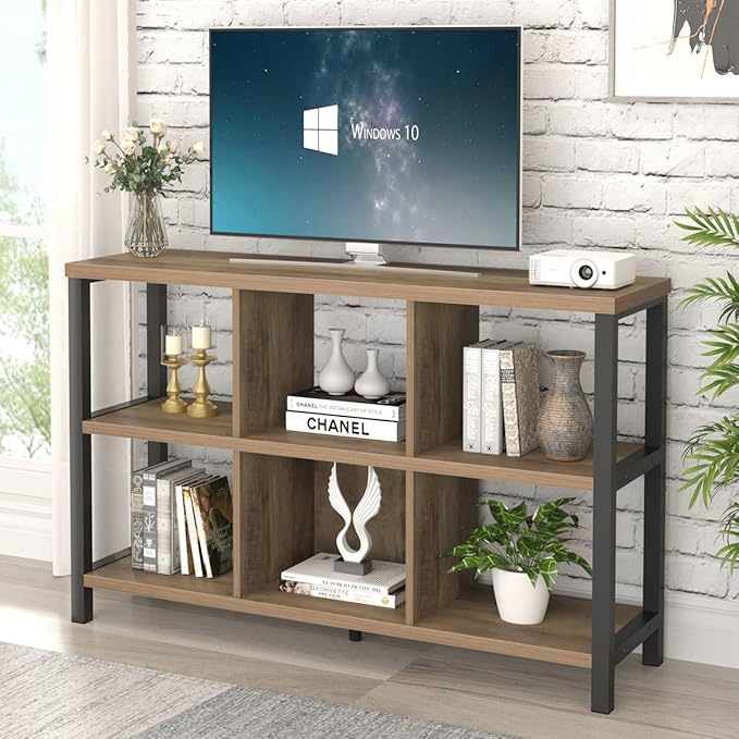 FOLUBAN 6 Cube Storage Organizer with Shelf, Industrial Horizontal Bookshelf, Low Cubby Bookcase for Living Room Bedroom, 47 Inch Oak - LeafyLoom