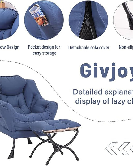 Lazy Chair and Ottoman, Large Accent Lounge Chair with Armrests and a Side Pocket, Modern Leisure Upholstered Sofa Reading Armchair with Footrest for Bedroom, Living Room, Dorm Rooms, Office - LeafyLoom
