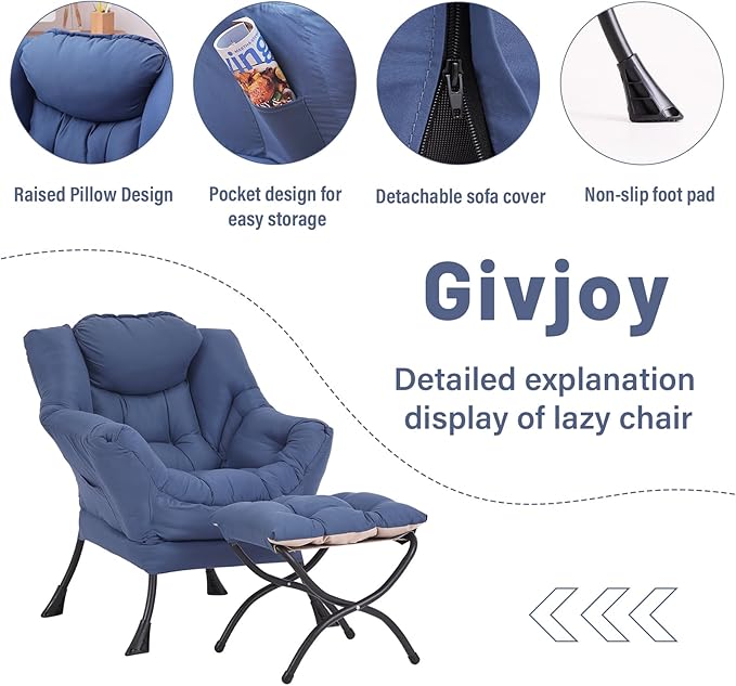 Lazy Chair and Ottoman, Large Accent Lounge Chair with Armrests and a Side Pocket, Modern Leisure Upholstered Sofa Reading Armchair with Footrest for Bedroom, Living Room, Dorm Rooms, Office - LeafyLoom