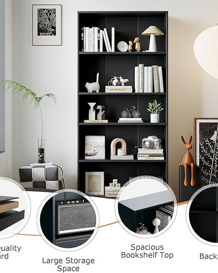 5-Tier Bookshelf, Wood Display Storage Shelves 67.3" Tall Bookcase Open Bookshelf for Home Office, Living Room and Bedroom, Black - LeafyLoom