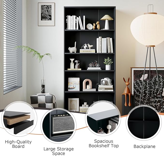 5-Tier Bookshelf, Wood Display Storage Shelves 67.3" Tall Bookcase Open Bookshelf for Home Office, Living Room and Bedroom, Black - LeafyLoom