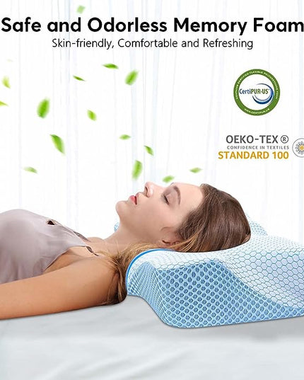 Anvo Cervical Pillow for Neck Pain Relief - Pillow for Neck and Shoulder Pain - Neck Pillows for Pain Relief Sleeping- Memory Foam Side Sleeper Pillow- Contour Orthopedic Pillow - Blue, Soft - LeafyLoom