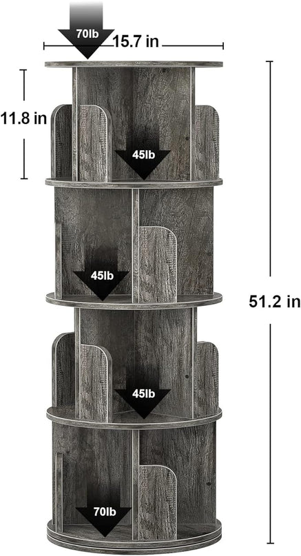 Aheaplus Rotating Bookshelf, 360 Display Corner Bookshelf for Small Space, 4 Tier Floor Standing Bookcase Storage Rack, Wood Narrow Book Shelf Organizer for Bedroom, Living Room, Study Room, Grey Oak - LeafyLoom