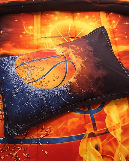 Btargot Twin Basketball and Fire Quilt Set Bedding Sets, 3D Sports Themed Bedding, All-Season Reversible Quilted Duvet, for Children Boy Girl Teen Kids - includes 1 Comforter, 2 Pillow Sham - LeafyLoom