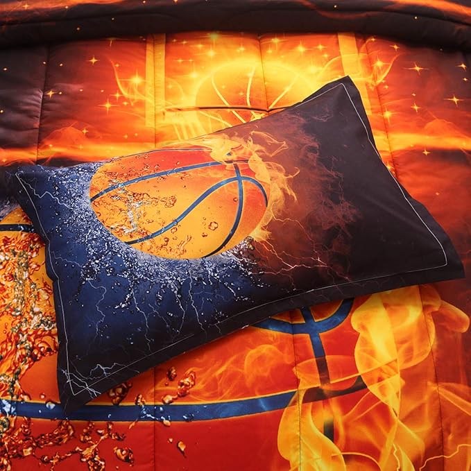 Btargot Twin Basketball and Fire Quilt Set Bedding Sets, 3D Sports Themed Bedding, All-Season Reversible Quilted Duvet, for Children Boy Girl Teen Kids - includes 1 Comforter, 2 Pillow Sham - LeafyLoom