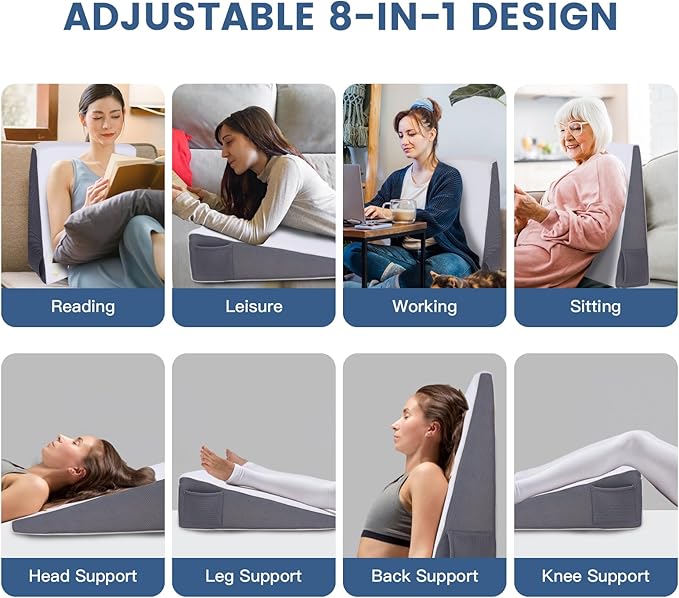 Bed Wedge Pillow Set for Sleeping, Triangle Pillow Wedge with Half Moon Memory Foam Bolster for Acid Reflux, Gerd, Snoring and Relief Support for Legs, Knee Elevation,Removable Cover - LeafyLoom