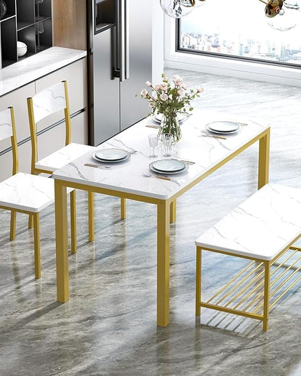 sogesfurniture Modern 4-Piece Kitchen Dining Table Set with 1 Bench and 2 Chairs, Kitchen Bench Table Set for 4, Wooden Kitchen Table and Chairs for Limited Space,Gold - LeafyLoom