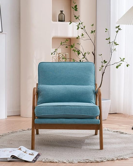 Bonnlo LinenTeal Mid Century Modern Accent Chair, Soild Wood Padding Lounge Armchairs Side Sitting Chairs for Living Room, Bedroom, Guest Room - LeafyLoom