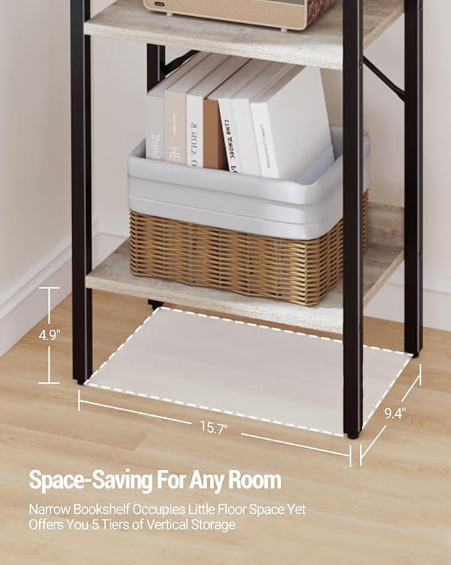 Bookshelf, Book Shelf, Industrial Bookcase with 2 Hooks, Coner Shelf Storage Organizer for Home Office, Living Room, Bedroom, Kitchen, 5-Tier Greige BC10505B - LeafyLoom