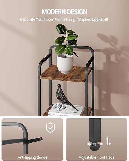 Bookcase Bookshelf, Narrow Book Shelf, Industrial Coner Shelf Storage Organizer, Slim Shelving Unit for Home Office, Living Room, Bedroom, Kitchen, 4-Tier Rustic Brown BC24401B - LeafyLoom