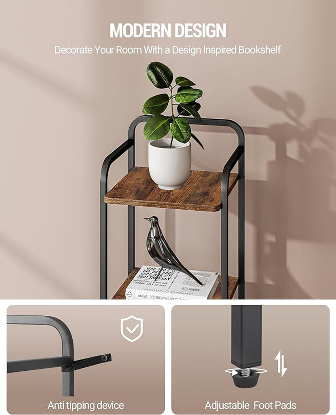 Bookcase Bookshelf, Narrow Book Shelf, Industrial Coner Shelf Storage Organizer, Slim Shelving Unit for Home Office, Living Room, Bedroom, Kitchen, 4-Tier Rustic Brown BC24401B - LeafyLoom